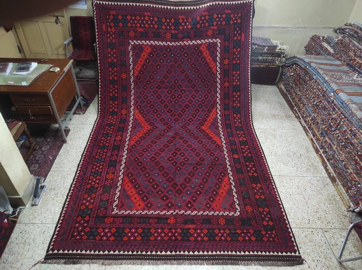 Stunning Vintage Afghan Ghulmori Red Kilim Rug with Beautiful colors Geometric Design Handwoven Flat woven Big Size Kilim Rug