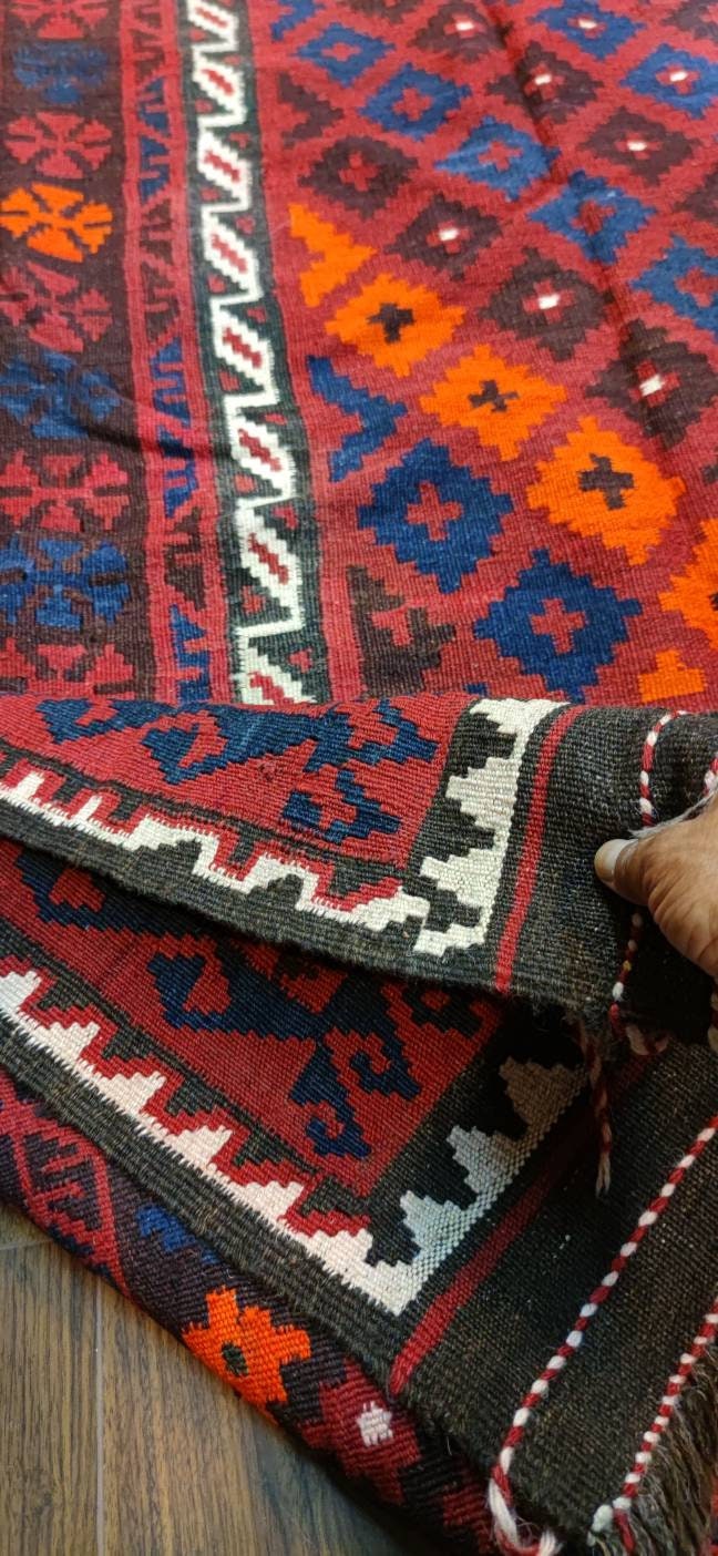 Stunning Vintage Afghan Ghulmori Red Kilim Rug with Beautiful colors Geometric Design Handwoven Flat woven Big Size Kilim Rug