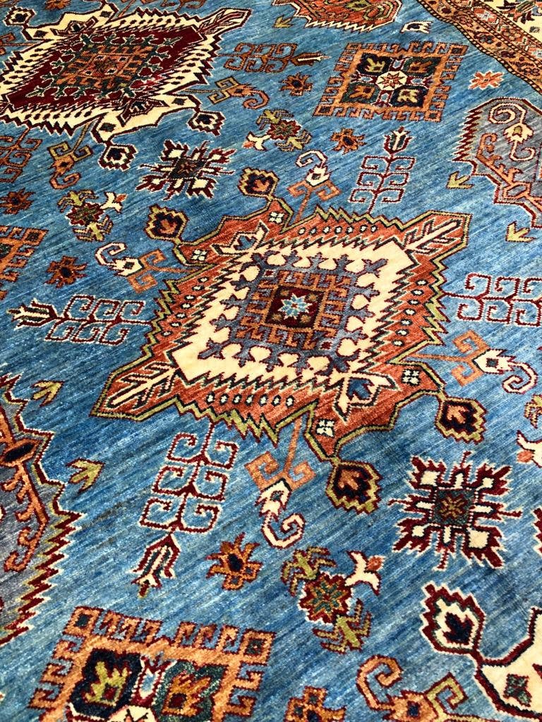 7x10 Feet Blue Kazak Afghan Handmade Rug, Turkish Designed Carpet