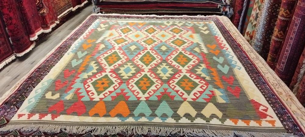 5x7 afghan wool kilim, abstract accent rug, farmhouse decor, woven rug, colorful rug, war rug, rag rug, carpet bag purse, rug masks