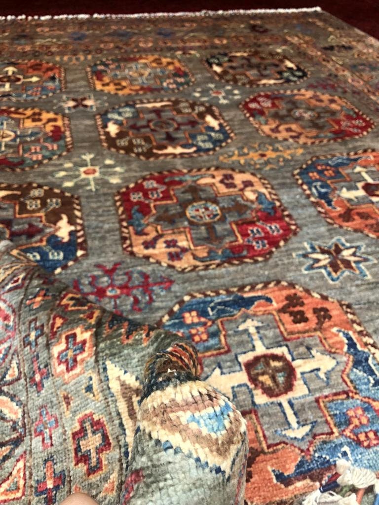 6 x 8 Ft Ziegler Afghan Chibi rug, Well-made Soft Geometric Hand-knotted Rug, Handmade rug, Large rug,Bohemian rug, Wool rug, Green, Gray rug