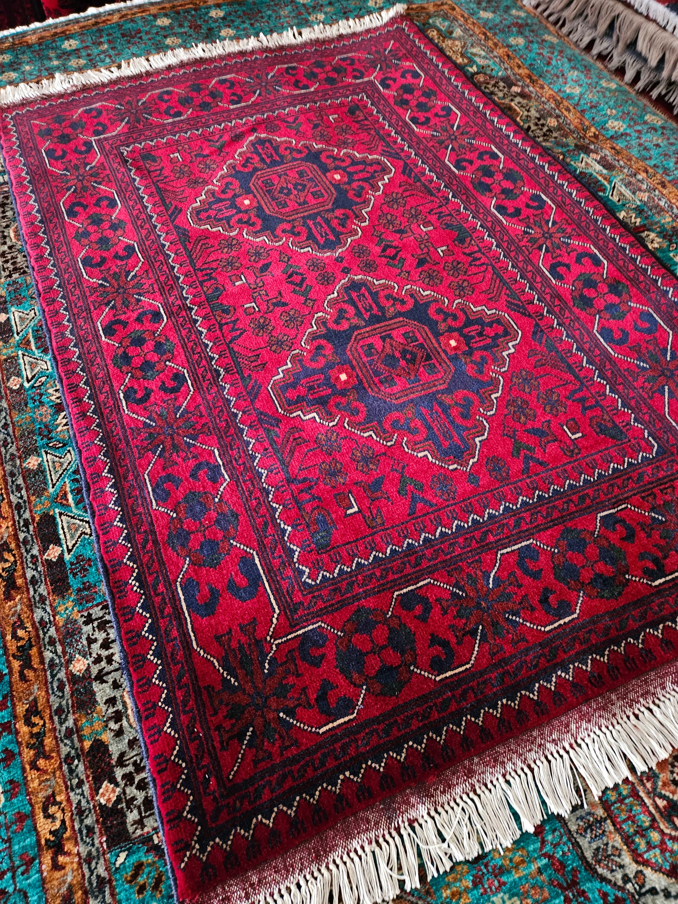3x4 Small Handmade Afghan Rug, nursery decor, hand made rug, amazon rugs, bohemian rug, red rug, small rug, bedroom rug, wall decor