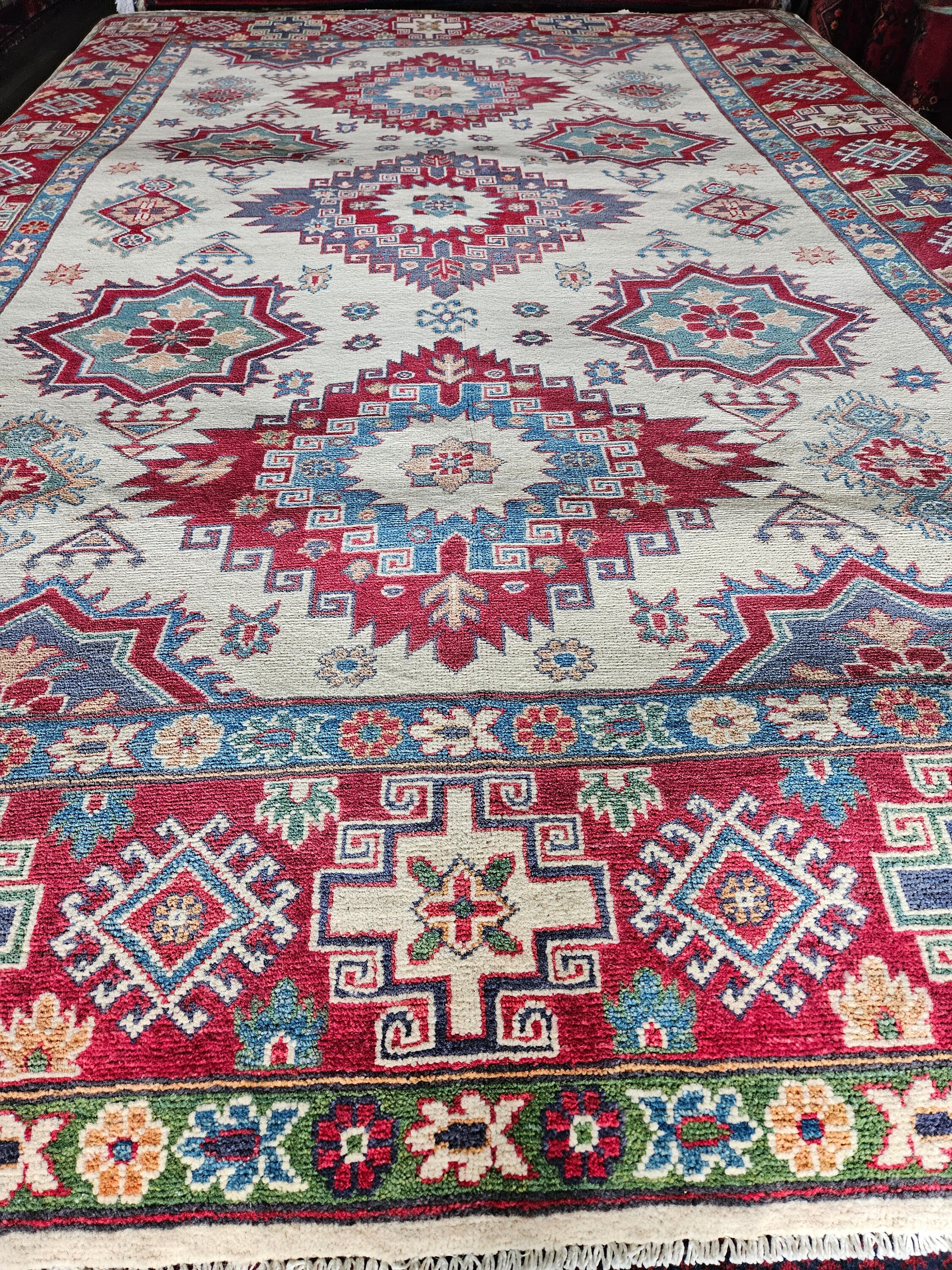 Kazak Rug 6.8X9.9 Ft dusty rose rug, wall hanging, rug runner, decorative rug, abstract accent rug, bedroom rug,teal rug, living room rug