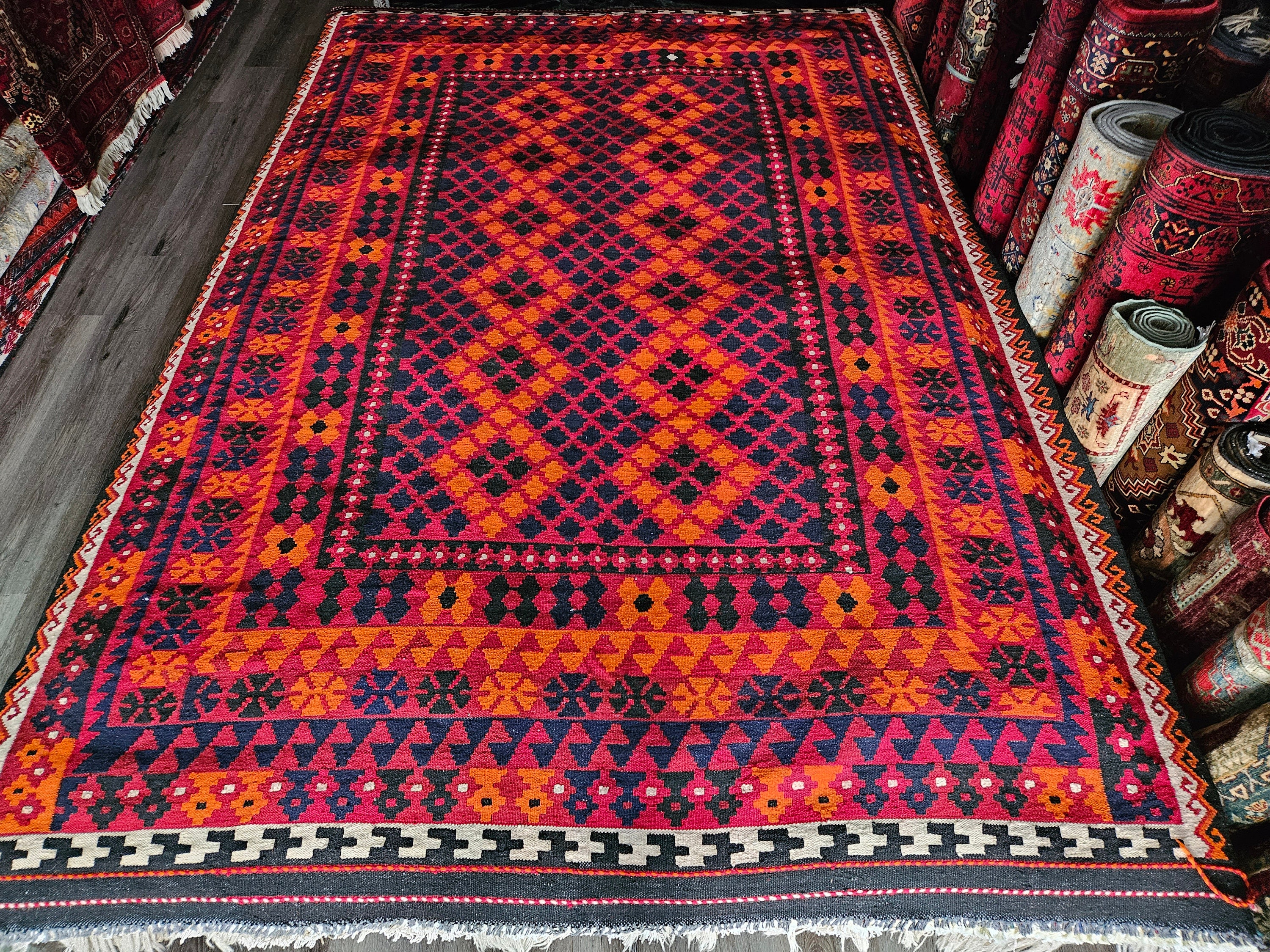 7X10 kilim rug, Red Handmade rug, Orange kilimrug rug, sheepskin rug, persian rug, hand made rug, afghan killing, flat voven rug, Geometric