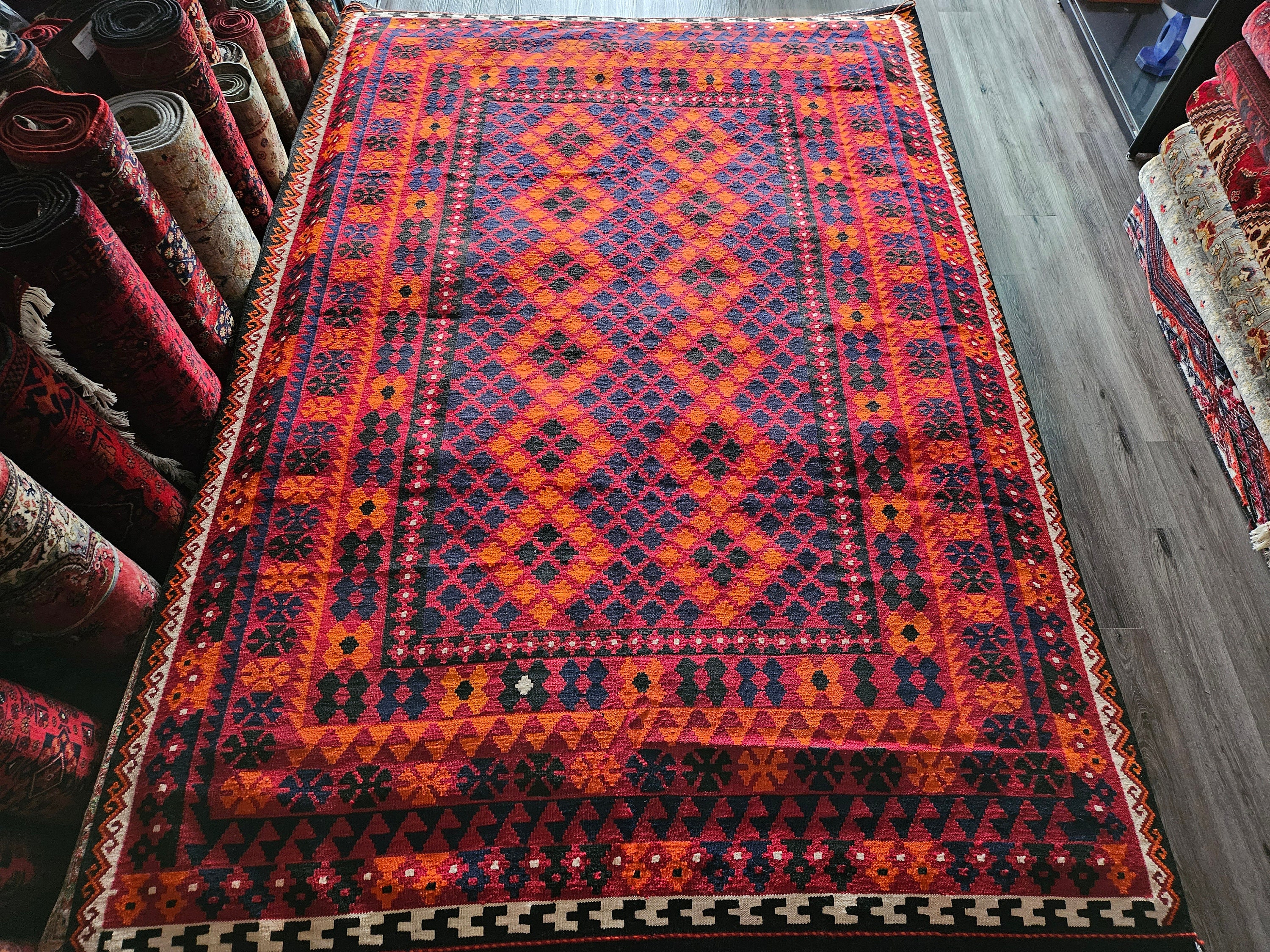 7X10 kilim rug, Red Handmade rug, Orange kilimrug rug, sheepskin rug, persian rug, hand made rug, afghan killing, flat voven rug, Geometric