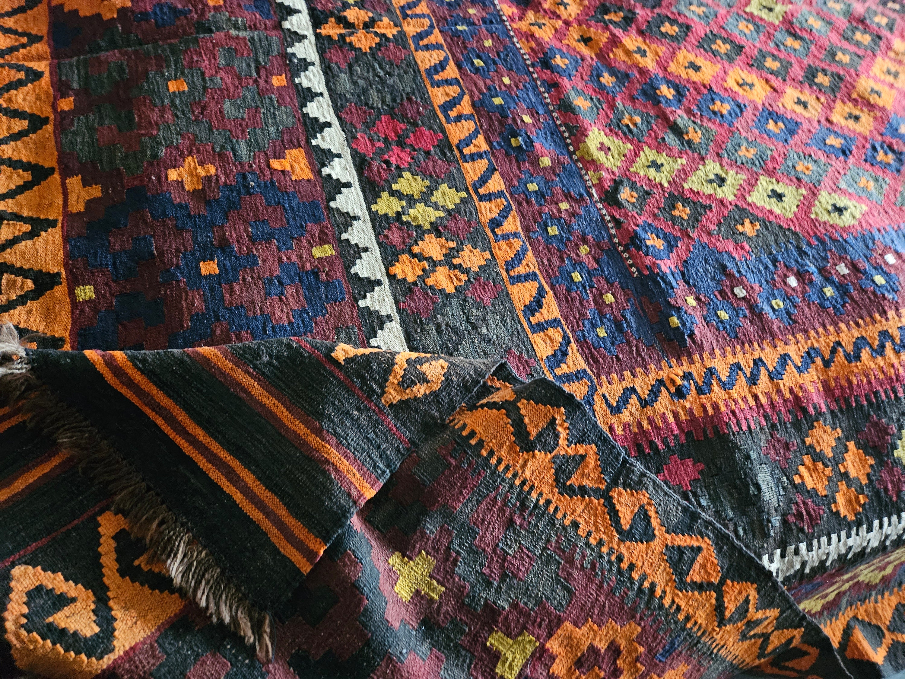 8X12 kilim rug, Orange Handmade kilimrug, sheepskin rug, persian rug, hand made rug, afghan kilimrug, flat voven rug Geometric Afghan kilim
